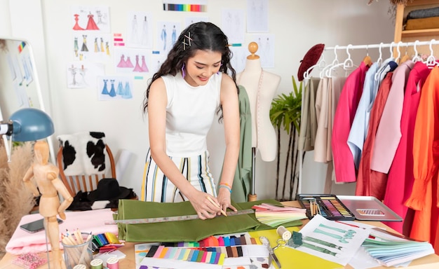 Asiatische Schneiderin, die im Schneideratelier an Kleidung arbeitet