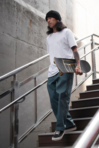 Asiatischer Mann, der sein Skateboard beim Gehen auf der Treppe hält