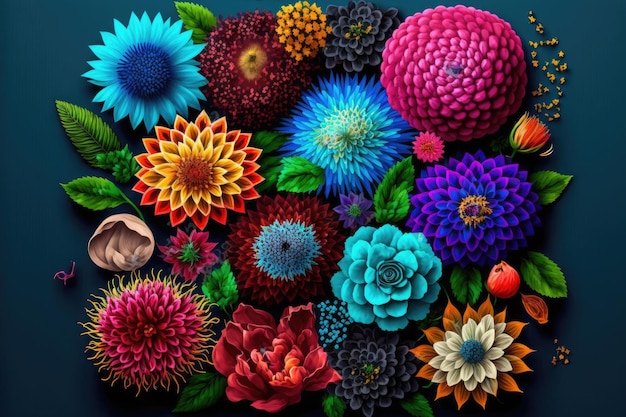 Assorted flowers Sammlung von mehrfarbigen Blumen auf gelbem Hintergrund Ai generativ