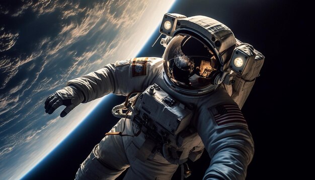 Astronaut im futuristischen Anzug erkundet von KI generierte Galaxienabenteuer