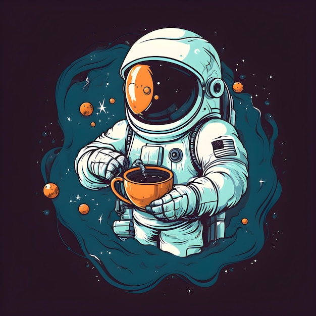 Kostenloses Foto astronaut mit einer tasse kaffee in der hand vektorillustration