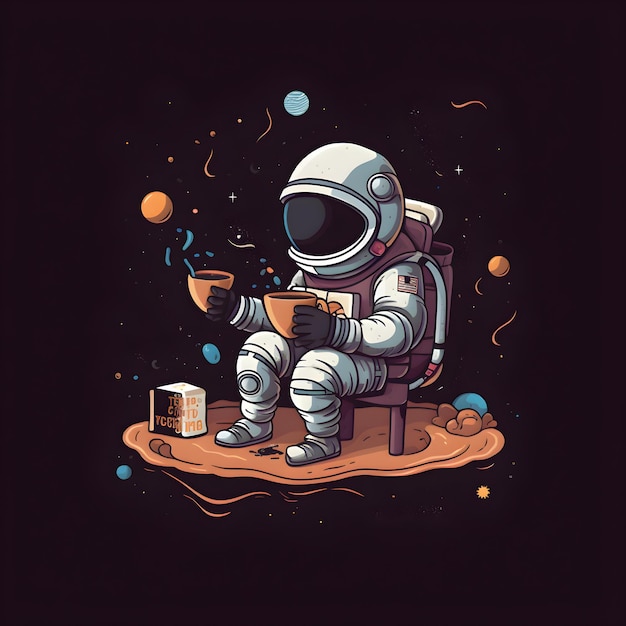 Kostenloses Foto astronaut mit einer tasse kaffee vektorillustration auf einem dunklen hintergrund