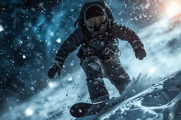 Astronaut mit Raumanzug beim Snowboarden auf dem Mond