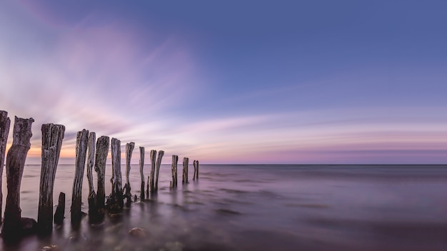 Atemberaubende Landschaft aus Holzstöcken mitten im Meer unter dem bunten Himmel