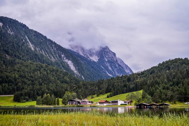 Kostenloses Foto atemberaubender blick auf den fluss zwischen grünen bäumen und schneebedeckten bergen bei bewölktem himmel