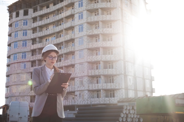 Attraktive junge Frau, die Klemmbrett während des Arbeitens an der Baustelle hält