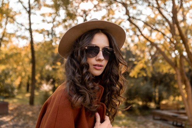 Attraktive stilvolle lächelnde Frau mit dem lockigen Haar, das im Straßenpark geht, gekleidet in warmer brauner Mantelherbsttrendmode, Straßenart, die Hut und Sonnenbrille trägt