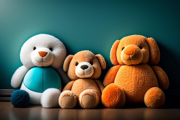 Kostenloses Foto auf blauem grund sitzen drei teddybären nebeneinander.