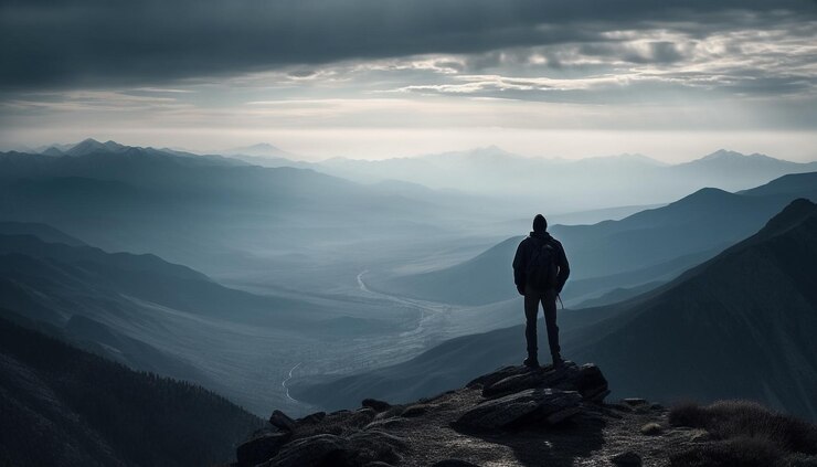 Kostenlose Foto auf dem berggipfel stehen ein personenerfolg, der von ki generiert wird