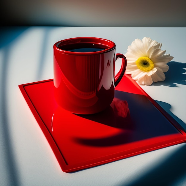 Kostenloses Foto auf einem tablett steht eine rote tasse mit einer blume darauf.