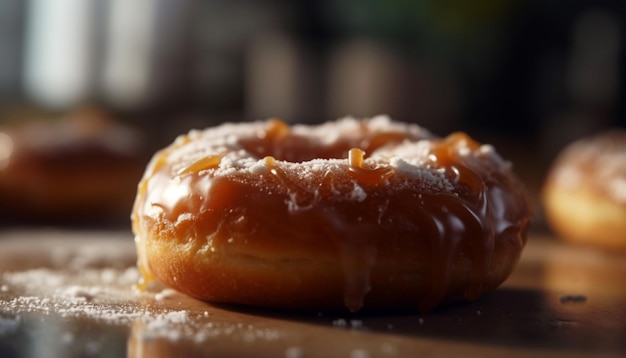 Auf einem Tisch liegt ein Donut mit Karamellbelag.