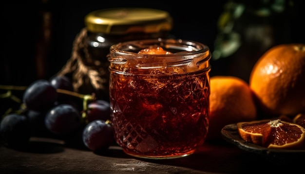 Auf einem Tisch neben einem Obstteller steht ein Glas Orangenmarmelade.