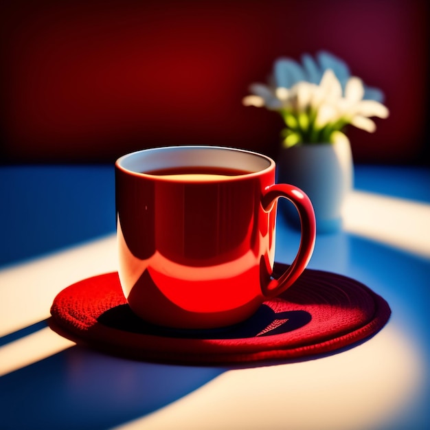 Kostenloses Foto auf einem tisch steht eine rote tasse kaffee, im hintergrund eine vase mit blumen.