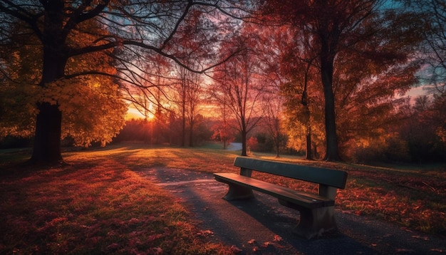 Auf einer Bank sitzen, umgeben von Herbstschönheit, die von KI erzeugt wird