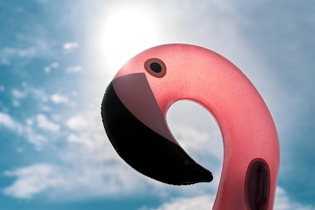 Aufblasbare rosa Pelikanmatratze auf rosa Meer