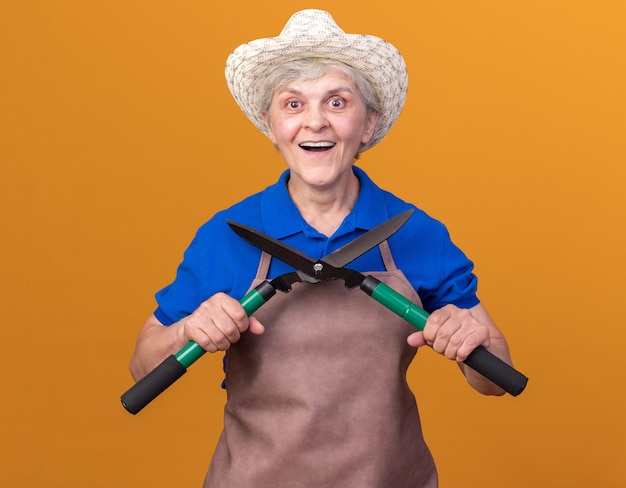 Kostenloses Foto aufgeregt ältere gärtnerin mit gartenhut mit gartenschere