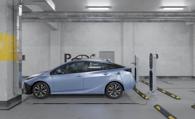 Kostenloses Foto aufladen des 3d-elektroautos auf dem parkplatz