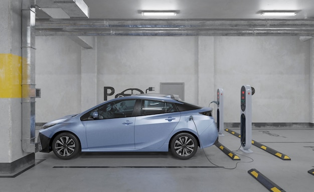Aufladen des 3D-Elektroautos auf dem Parkplatz