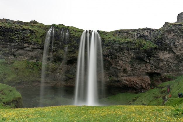 Aufnahme eines Wasserfalls, der mitten in einer grünen Landschaft über einen Felsen fließt