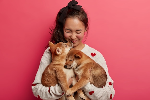 Aufrichtige glückliche Frau spielt mit zwei Welpen, bekommt Kuss von Shiba Inu Hund, drückt Liebe zu Tieren aus