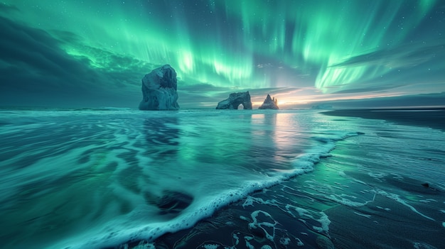 Kostenloses Foto aurora borealis landschaft über dem meer