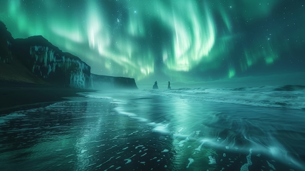 Kostenloses Foto aurora borealis landschaft über dem meer