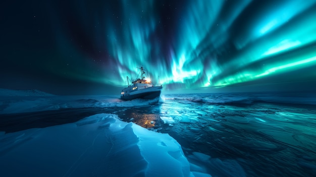 Kostenloses Foto aurora borealis landschaft über dem meer