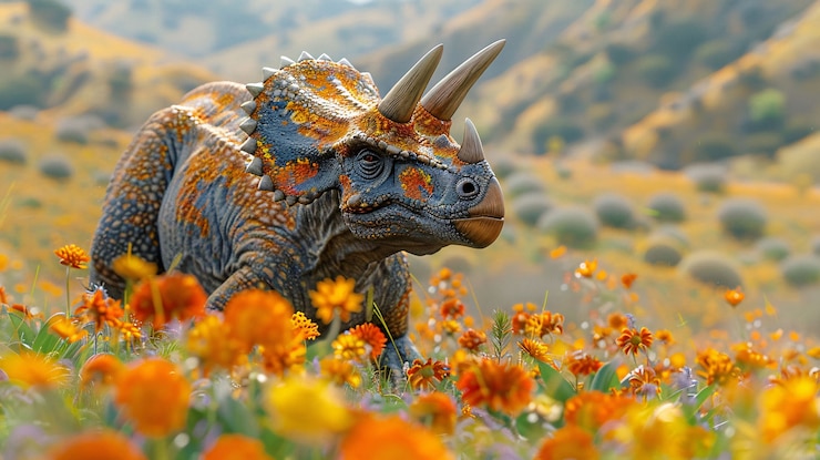 Kostenlose Foto ausgestorbener triceratops-dinosaure mit natürlichem lebensraum