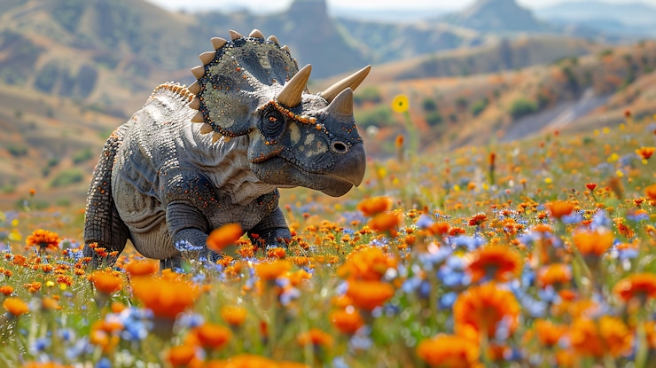 Kostenlose Foto ausgestorbener triceratops-dinosaure mit natürlichem lebensraum