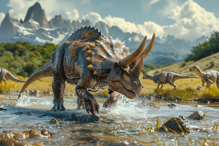 Kostenlose Foto ausgestorbener triceratops-dinosaure mit natürlichem lebensraum