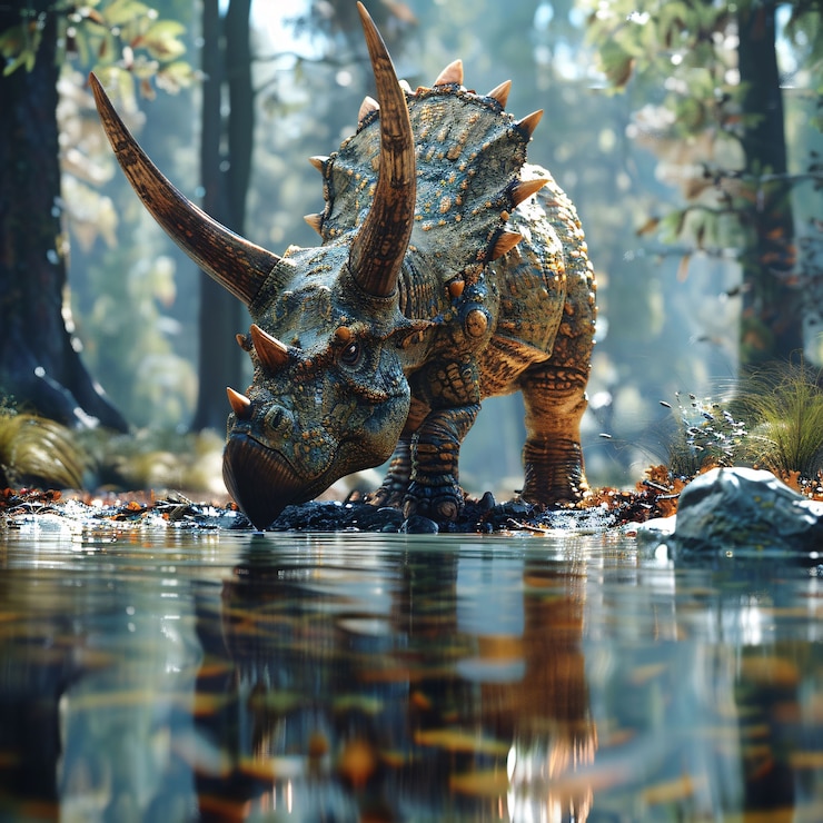 Kostenlose Foto ausgestorbener triceratops-dinosaure mit natürlichem lebensraum