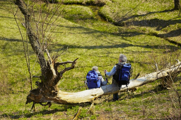 Ausruhen. Alter Familienpaar von Mann und Frau im touristischen Outfit, das an grünem Rasen nahe an Bäumen und Bach an sonnigem Tag geht. Konzept von Tourismus, gesundem Lebensstil, Entspannung und Zusammengehörigkeit.