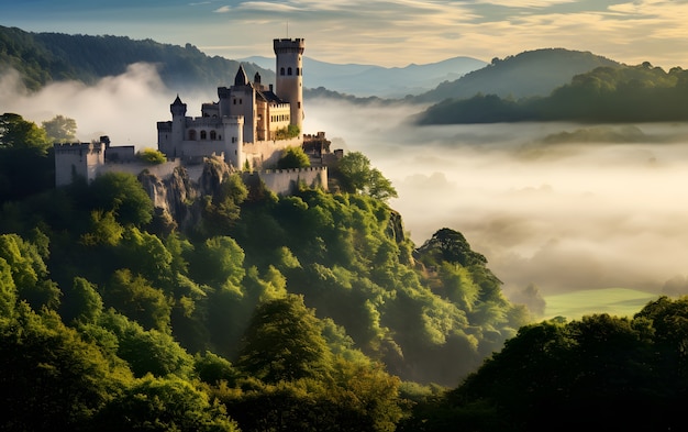 Aussicht auf das Schloss, das von Naturlandschaft umgeben ist