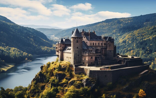 Aussicht auf das Schloss, das von Naturlandschaft umgeben ist