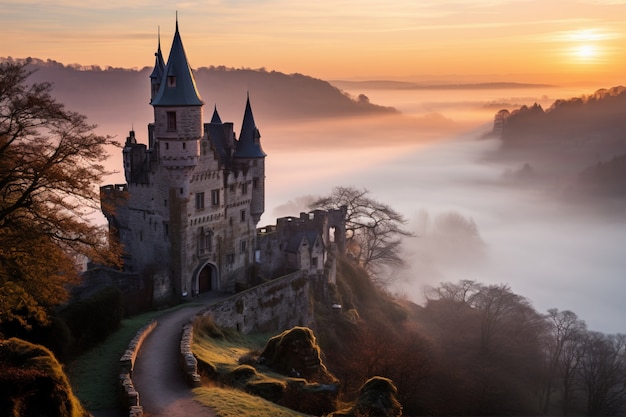 Aussicht auf das Schloss mit Nebel und Naturlandschaft