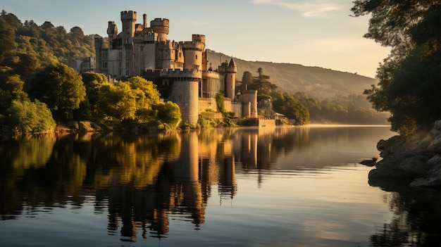 Kostenloses Foto aussicht auf das schloss mit see und naturlandschaft