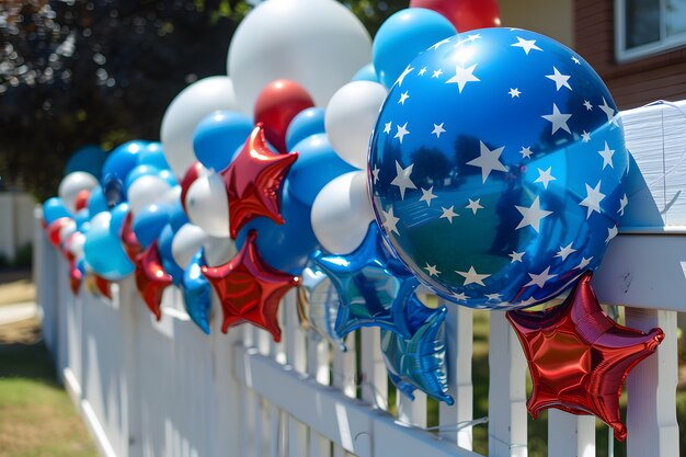 Aussicht auf ein Haus, das für die Feier des Unabhängigkeitstages mit Ornamenten in den Farben der amerikanischen Flagge geschmückt ist