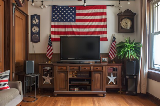 Aussicht auf ein Haus, das für die Feier des Unabhängigkeitstages mit Ornamenten in den Farben der amerikanischen Flagge geschmückt ist