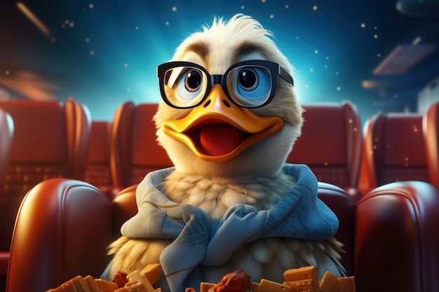 Aussicht auf eine 3D-Ente im Kino, die einen Film sieht