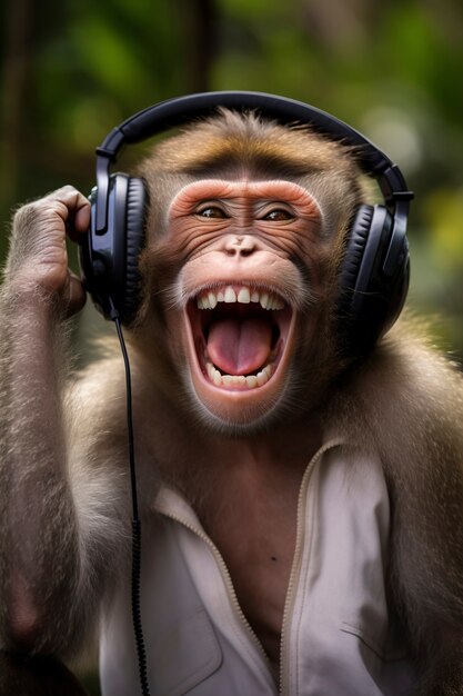 Aussicht auf einen lustigen Affen, der Kopfhörern zuhört