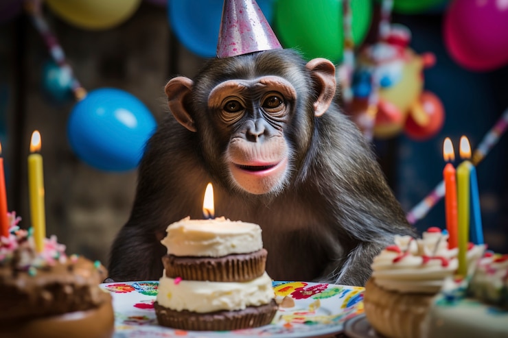 Kostenlose Foto aussicht auf einen lustigen affen, der seinen geburtstag feiert