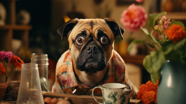 Kostenloses Foto aussicht auf einen lustigen hund mit einer teetasse