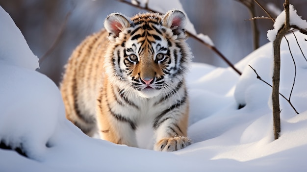 Kostenloses Foto aussicht auf einen wilden tiger mit schnee