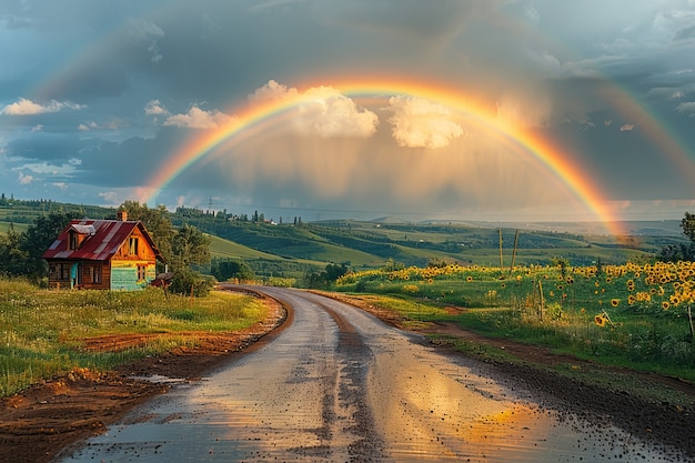 Kostenloses Foto aussicht auf einen wunderschönen regenbogen am ende einer straße