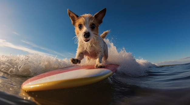 Aussicht auf lustiges Surfen mit Hunden