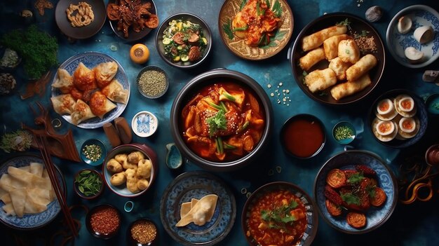 Auswahl an traditionellen koreanischen Gerichten. KI-generiertes Bild