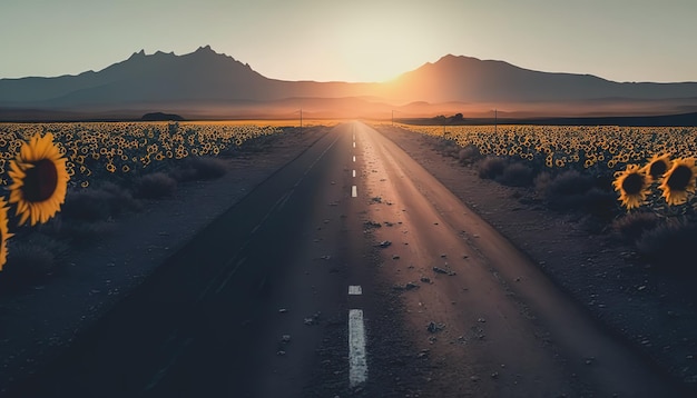 Kostenloses Foto autobahn unter dem sonnenblumenfeld bei sonnenuntergang