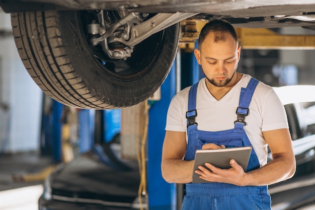 Automechaniker, der Auto überprüft