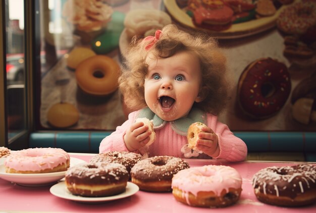 Baby mit köstlichen Donuts, die von der KI generiert wurden