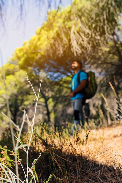 Backpacker schaut zum Himmel